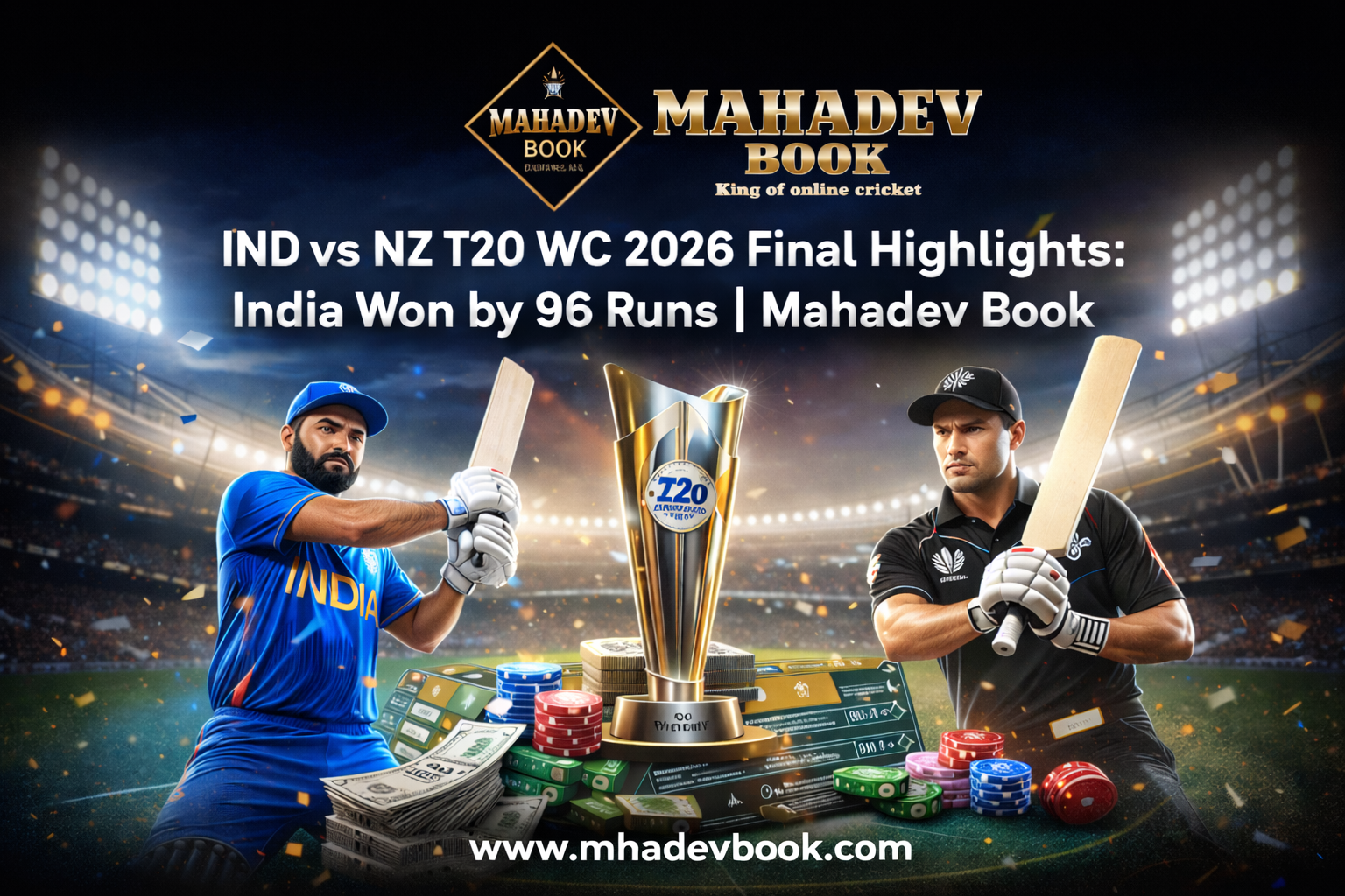 Read more about the article IND vs NZ T20 WC 2026 Final Highlights: India Won by 96 Runs | Mahadev Book
